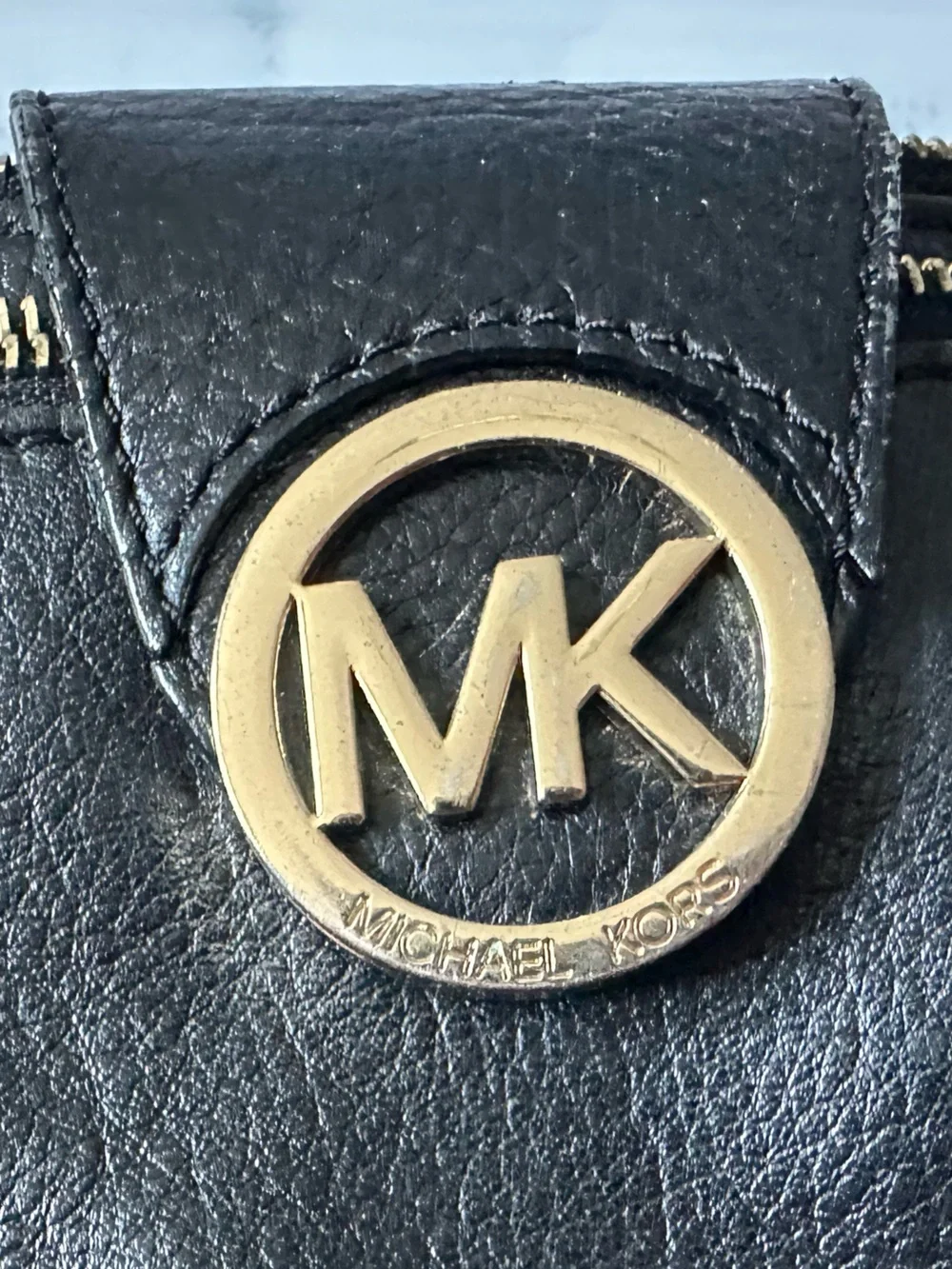 Michael Kors Black Leather Crossbody with Gold MK Medallion